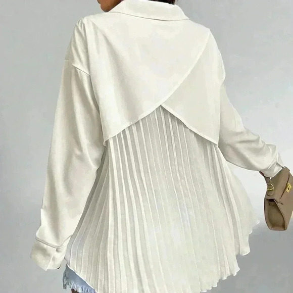 Apricot Casual Women's Solid Color Drop Shoulder Long Sleeve Back Pleated Shirt - Picture 2 of 5